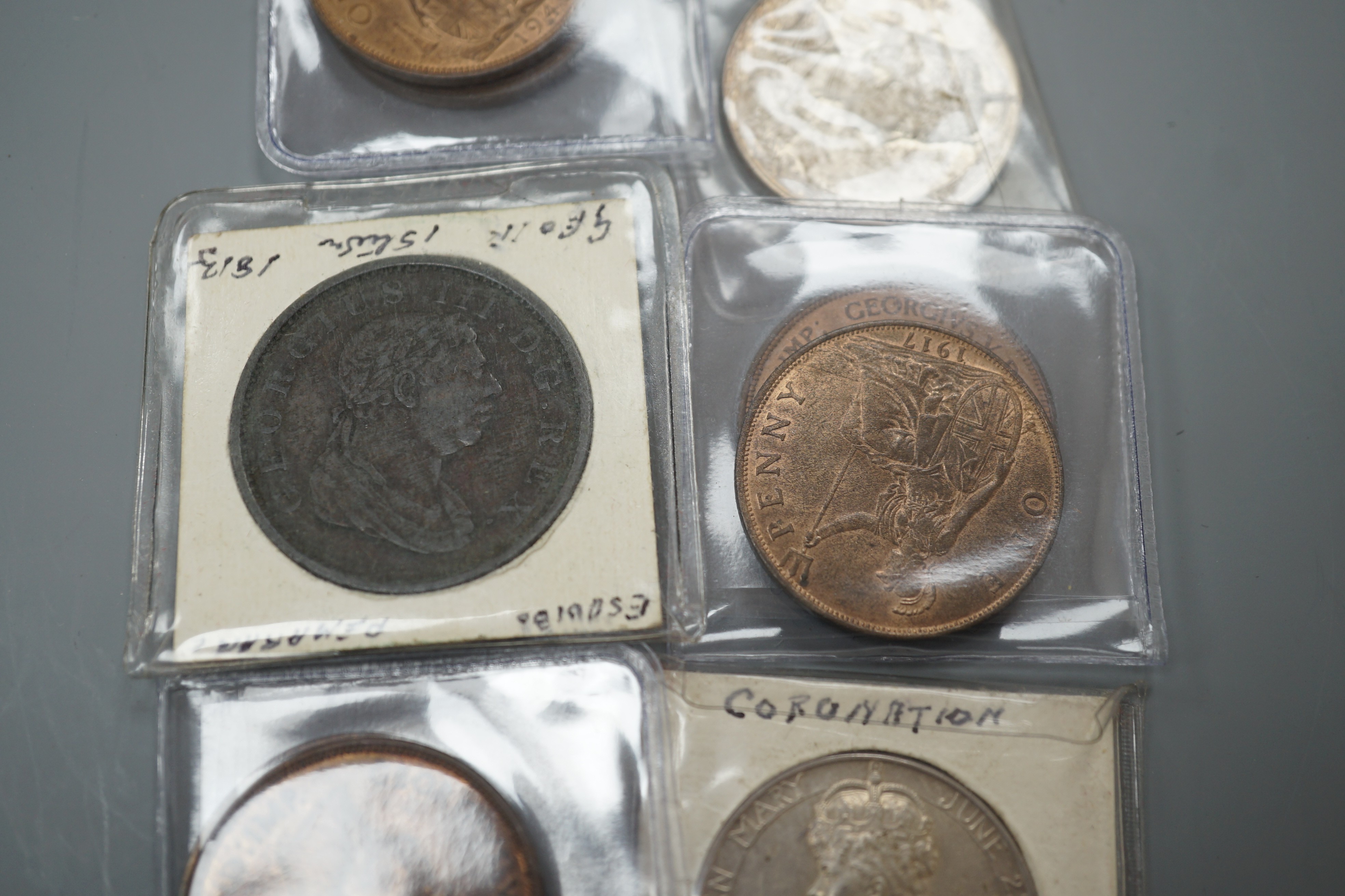 Two silver coronation medals: Edward VII and Queen Alexandria and George V and Queen Mary, both EF, and a George III copper One silver oken, six one pennies, a Kennedy 1964 half dollar and other Chinese coins